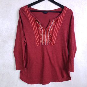 Lucky Brand Women's M 3/4 Sleeve Pullover Maroon Red V-Neck Peasant Top Shirt